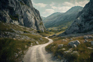 Road curving up through limestone pass