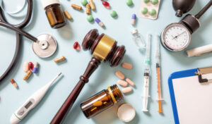 Health and Law flat lay. Judge gavel, medicine and doctor coat on blue, background, top view. Medical malpractice, personal injury attorney.