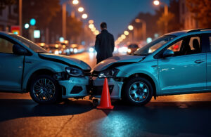 Night road accident scene. Two cars heavily damaged after collision. Silhouette of person stands on city street. Emergency services not visible. Dangerous situation on city street. Safety issues,