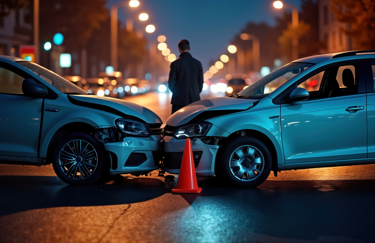 Night road accident scene. Two cars heavily damaged after collision. Silhouette of person stands on city street. Emergency services not visible. Dangerous situation on city street. Safety issues,