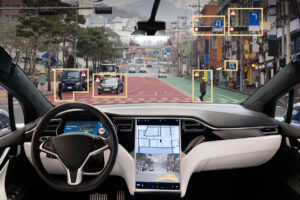 Autonomous car with HUD (Head Up Display). Self-driving vehicle