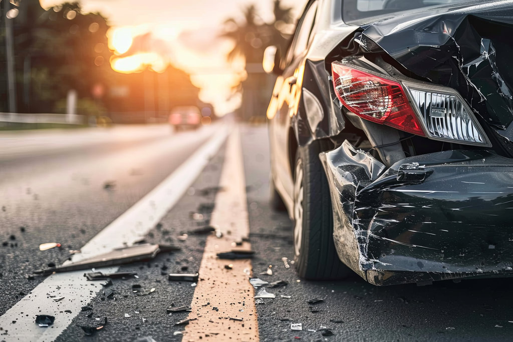 Aftermath of a motorcycle and car accident on the road
