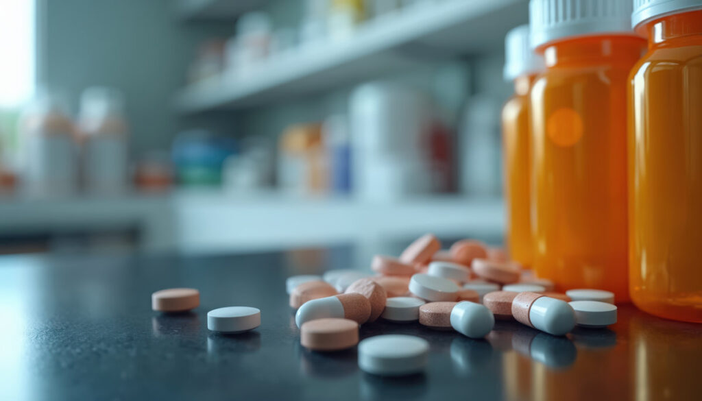 Prescription medication pills, orange pill bottles on pharmacy table. Medications requiring doctor prescription. Pharmacy drugs, health, treatment, medicine, healthcare pharmaceutical concept.