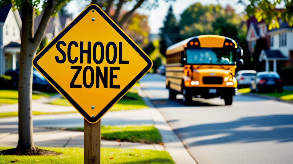 School zone warning sign with yellow school bus arriving on a sunny suburban street, representing back to school season, student commute, and the start of a new academic year