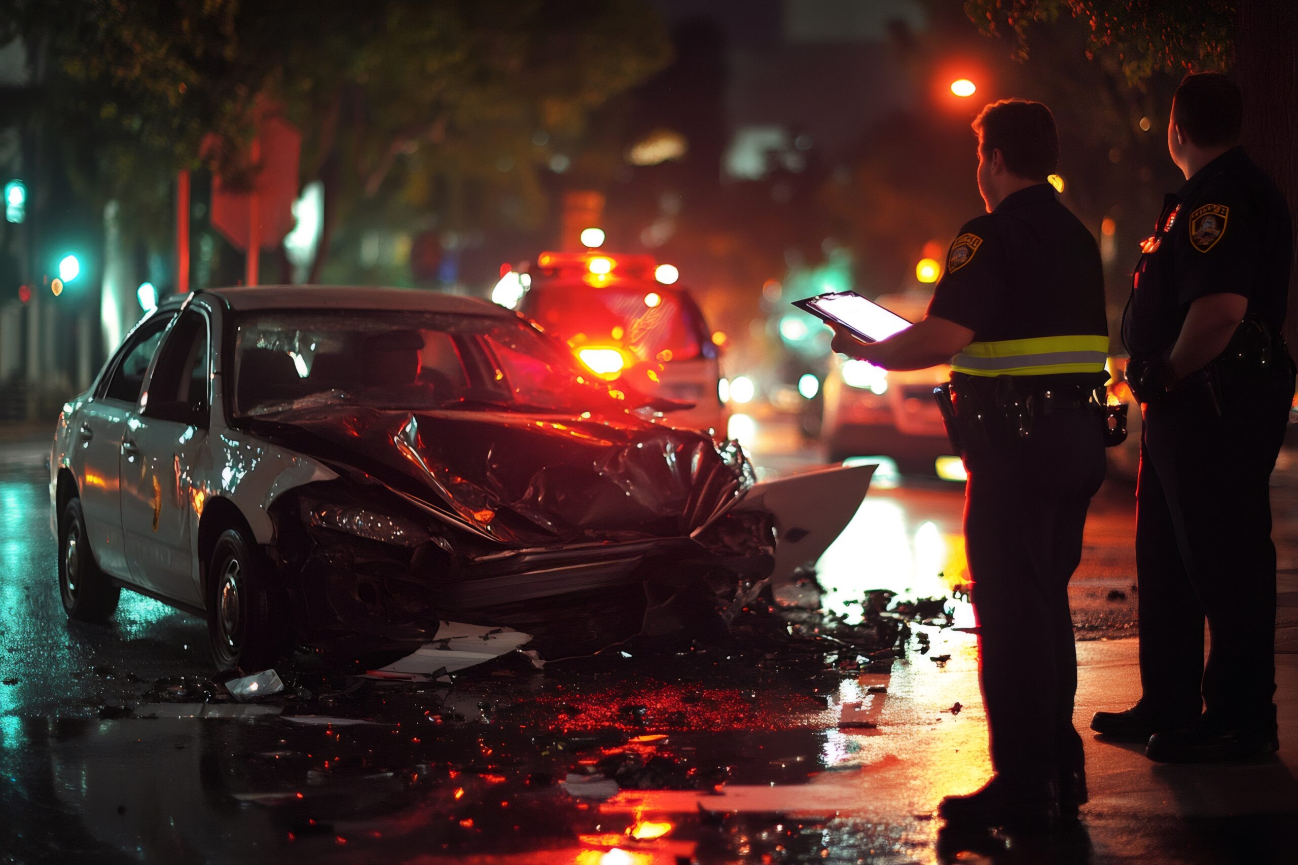 Two police officers taking a report of a car accident on a city street at night, with flashing lights reflecting on the wet asphalt