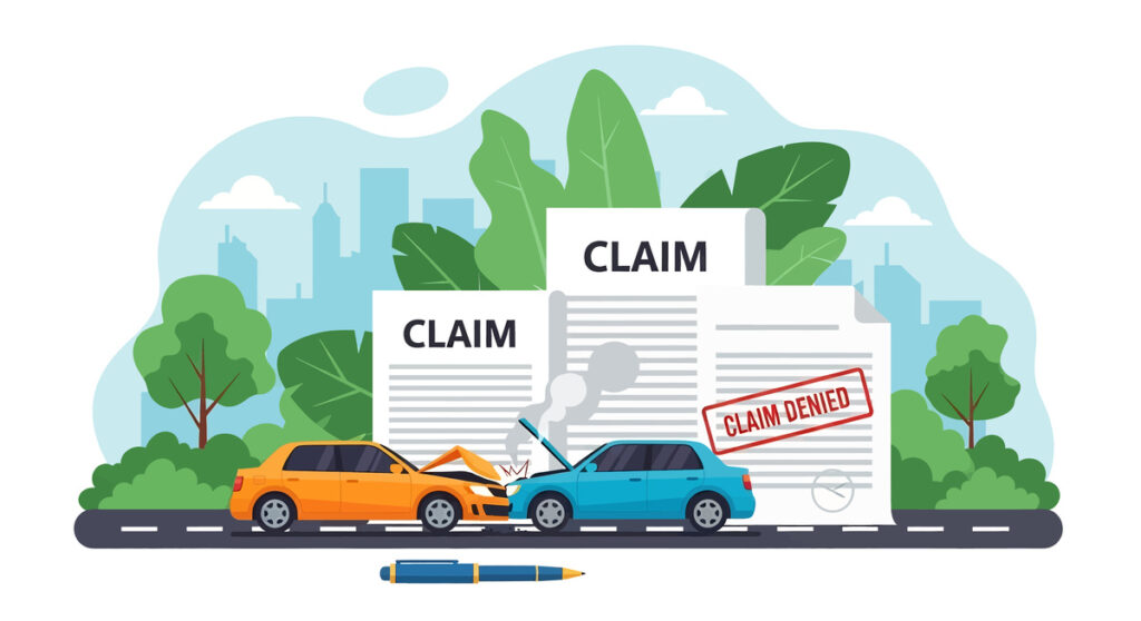 A car insurance claim illustration showing two cars in an accident with "Claim Denied" stamped on the documents. A pen lies nearby, emphasizing the claim process