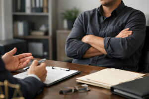 Client Expressing Frustration Across From Lawyer in Office