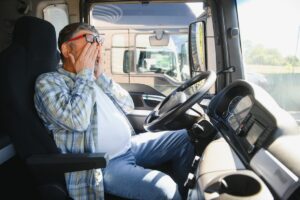 Exhausted truck driver falling asleep on steering wheel. Tiredness and sleeping concept