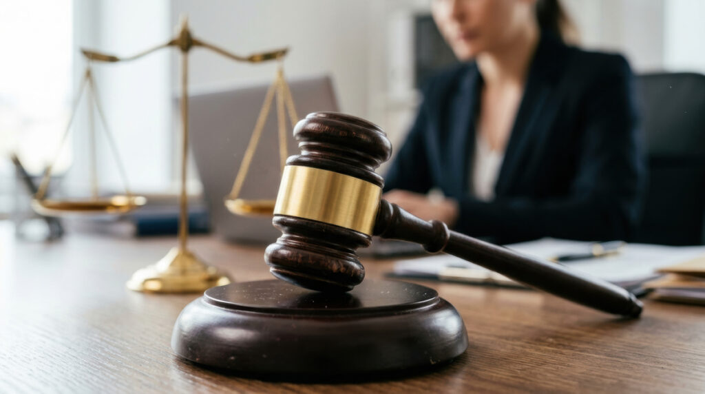 Gavel justice law court lawyer legal judge verdict balance business on wooden desk with scale laptop and professional in office concept for litigation and contract