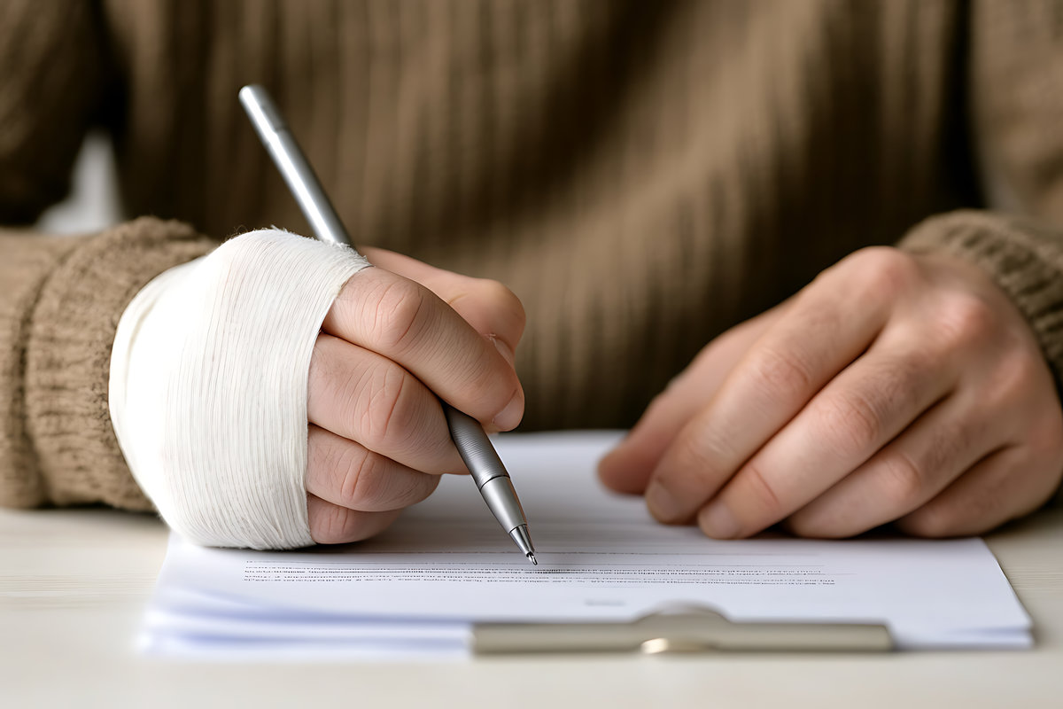 Injury claim: A hand with bandage signs documents. Workers compensation or insurance concept. Legal and health documents for personal safety and legal protection.