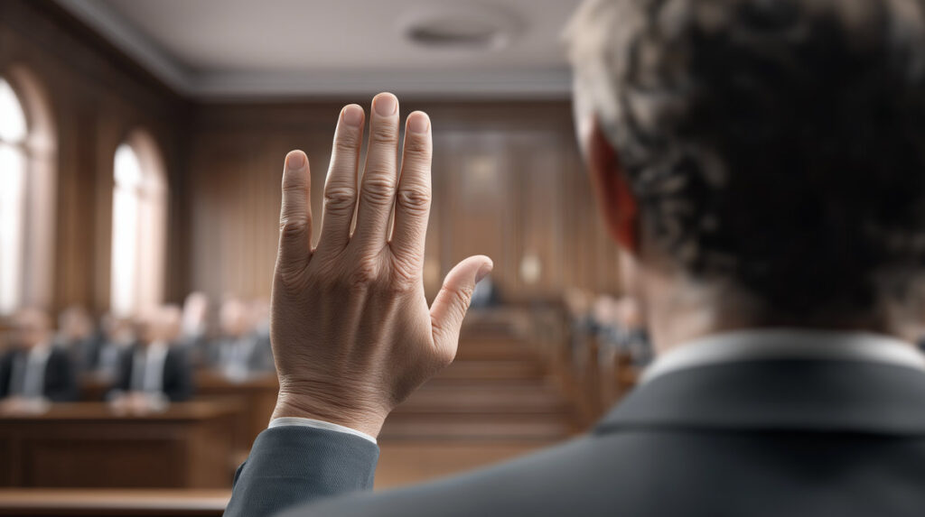 Man raising his hand in a courtroom during a legal proceeding, symbolizing justice, testimony, and civic duty.
