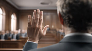 Man raising his hand in a courtroom during a legal proceeding, symbolizing justice, testimony, and civic duty.